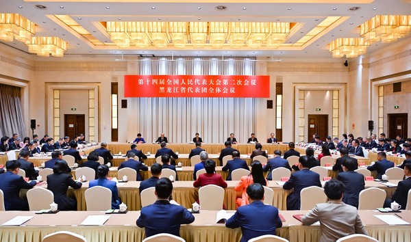 3月5日下午，出席十四届全国人大二次会议的黑龙江代表团召开第三次全体会议，审议政府工作报告。